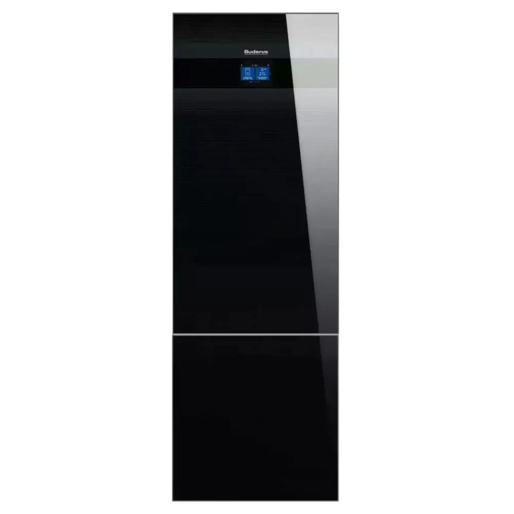Schwarze Kühlschrank-Tür von Buderus mit digitalem Display. Glatte, glänzende Oberfläche und untere Kühlzone. Kein Inhalt sichtbar.